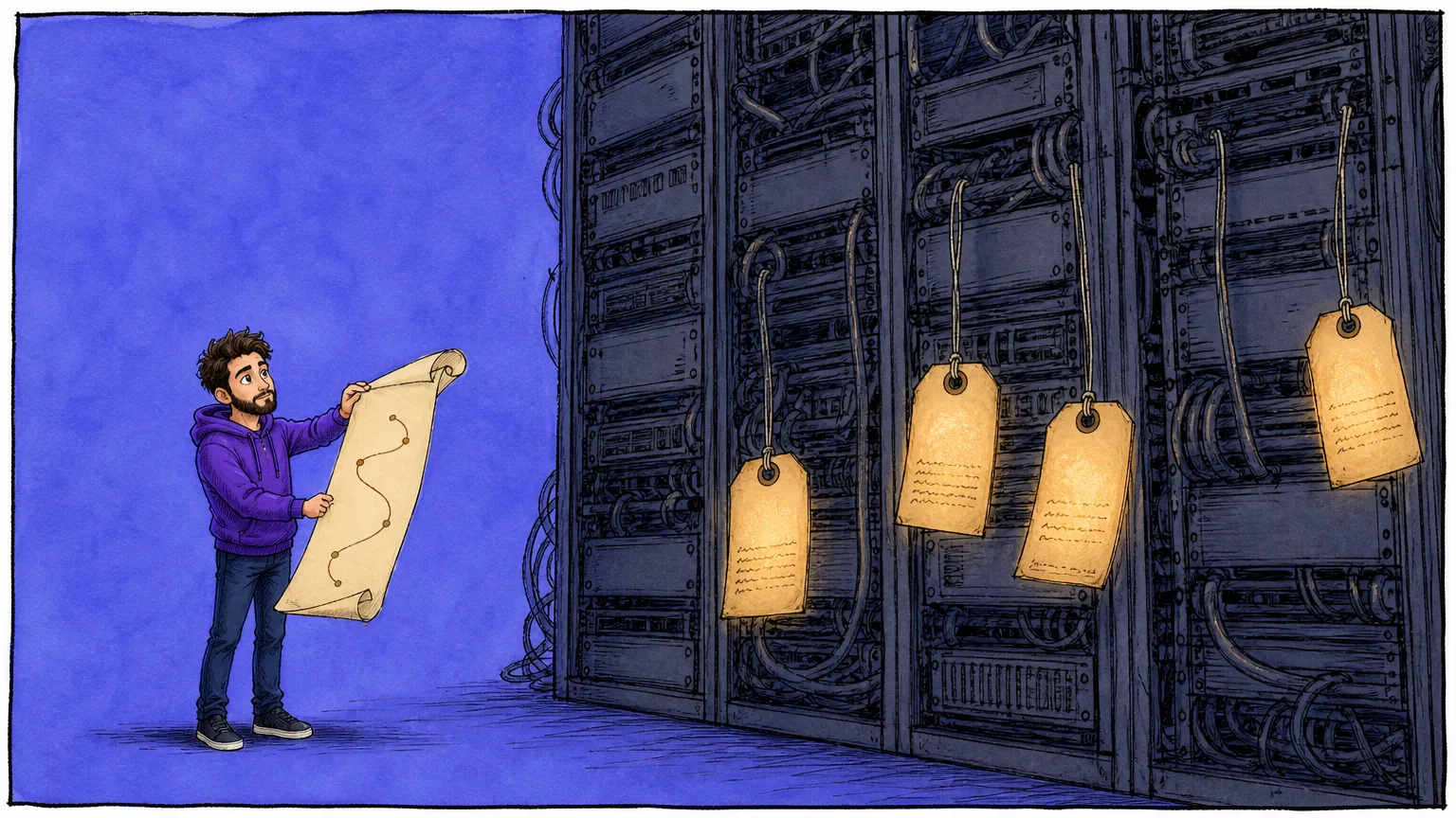 A figure studies a pristine new roadmap poster while four yellowed service tags dangle unnoticed from the server rack behind it