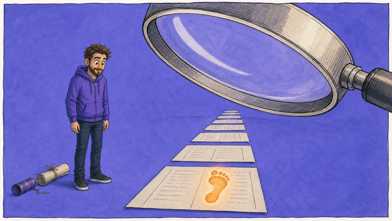 A figure watches a single glowing footprint land on a path of paper comparison sheets under an enormous search magnifier