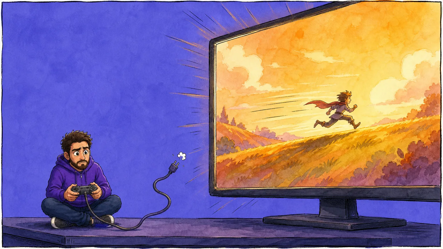 A figure sits cross legged gripping a dead grey controller whose cable ends unplugged in mid air, while a huge screen beyond it glows with a smooth running scene