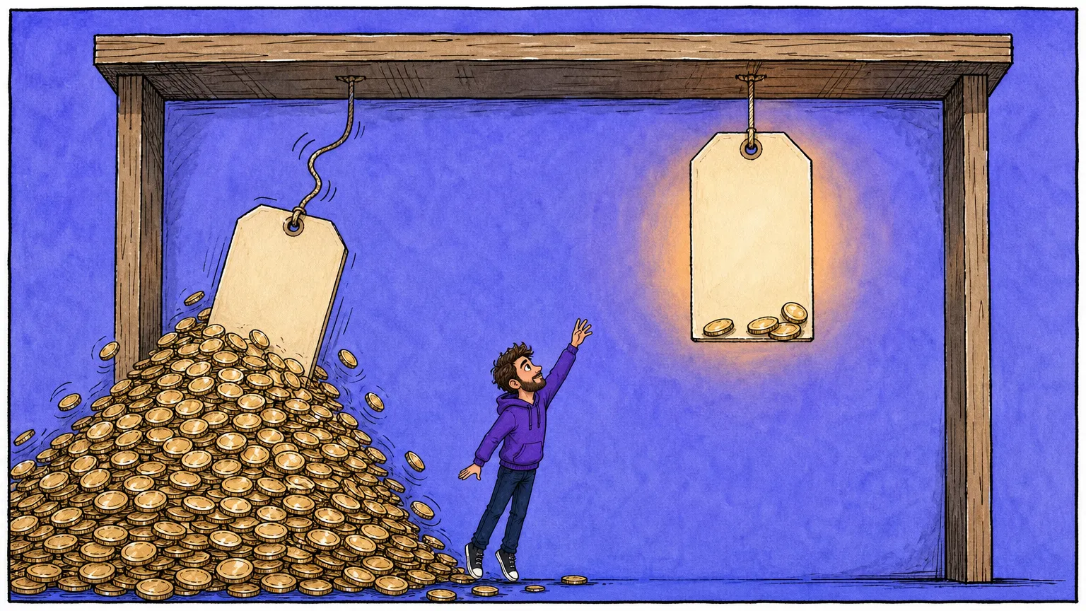 A figure reaches up between two identical blank tags, the left one dragged to the floor under a mountain of coins and the right hanging high, nearly bare and lit