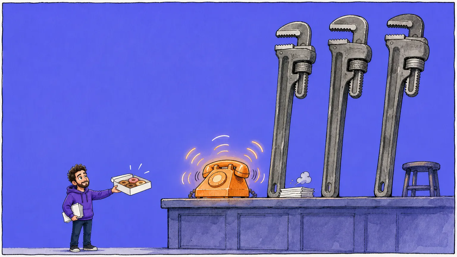 A figure holds out a box of donuts to an empty counter where a phone rings unanswered beside untouched flyers, under three pipe wrenches standing taller than he is