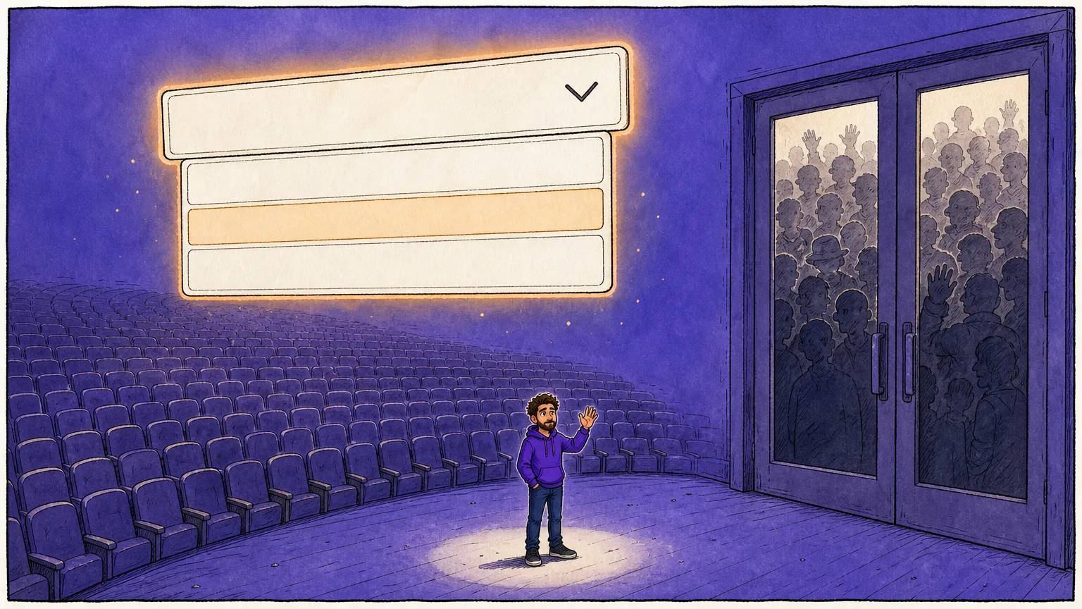 A figure waves alone in a spotlight on the stage of an empty auditorium while a crowd waits behind glass doors that were never opened