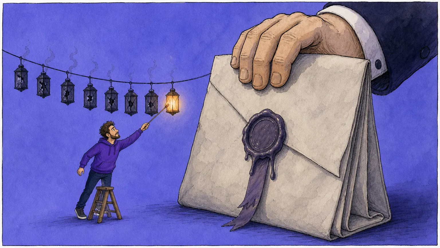A small bearded developer in a purple hoodie stands on a wooden stepladder and reaches up with a taper to relight the last of eight lanterns strung on a sagging wire, the other seven dark, cracked and trailing smoke, while a colossal folded letter sealed with dripping wax and pinned down by an enormous suited hand fills the right half of the panel