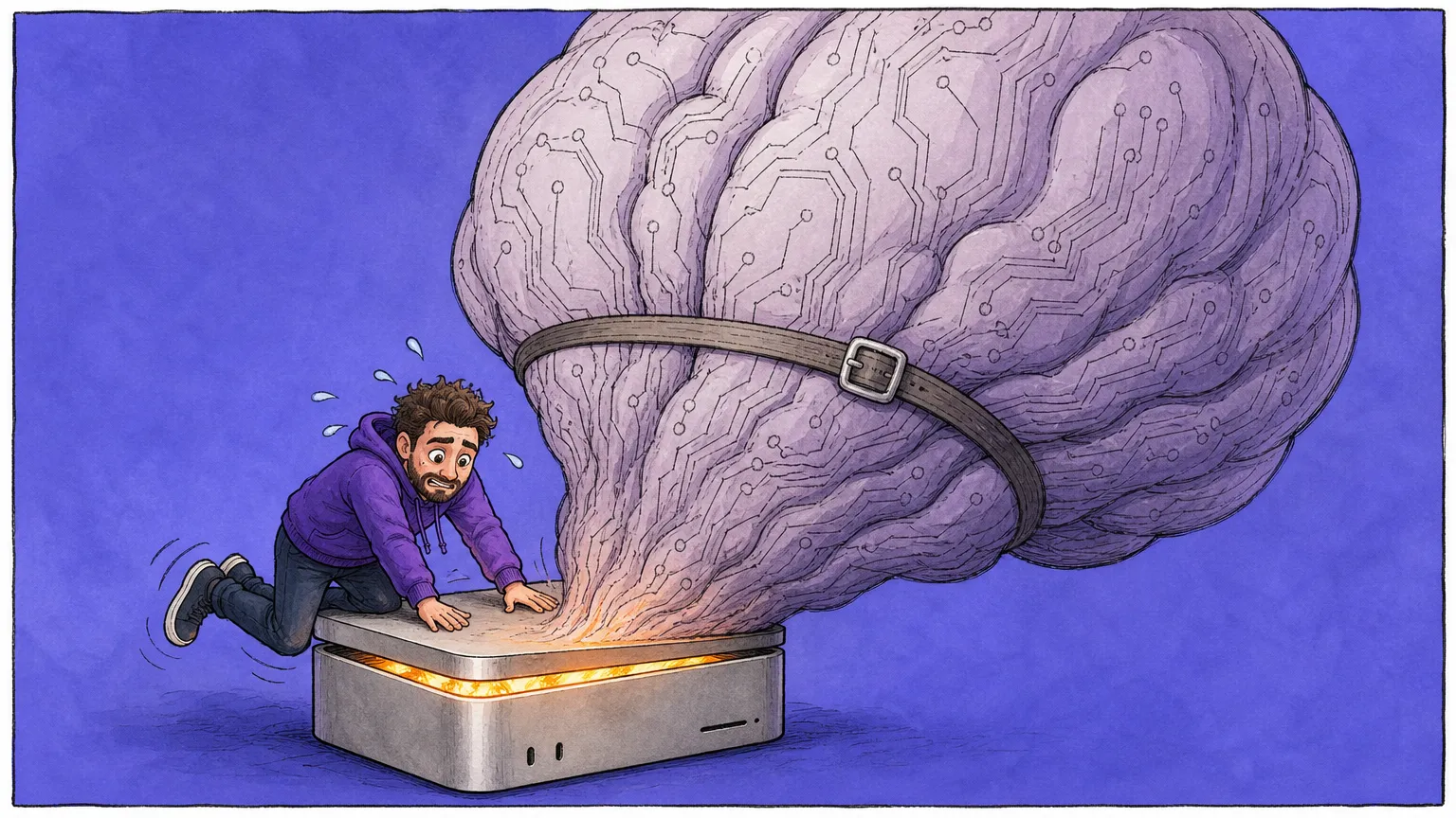 A small bearded developer in a purple hoodie kneels on the lid of a squat aluminium desktop computer, arms braced and feet slipping as sweat flies off him, while an enormous brain shaped mass veined with circuit tracery bulges up out of the split seam and towers over him, restrained by one comically undersized strap