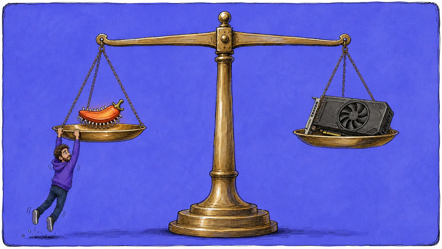 An enormous brass balance scale stands dead level, a small glowing chili pepper shaped chip with rows of pins on the left pan and a chunky graphics card with a cooling fan on the right, while a small bearded developer in a purple hoodie dangles from one pan chain with both feet kicked off the ground and the beam does not tilt at all