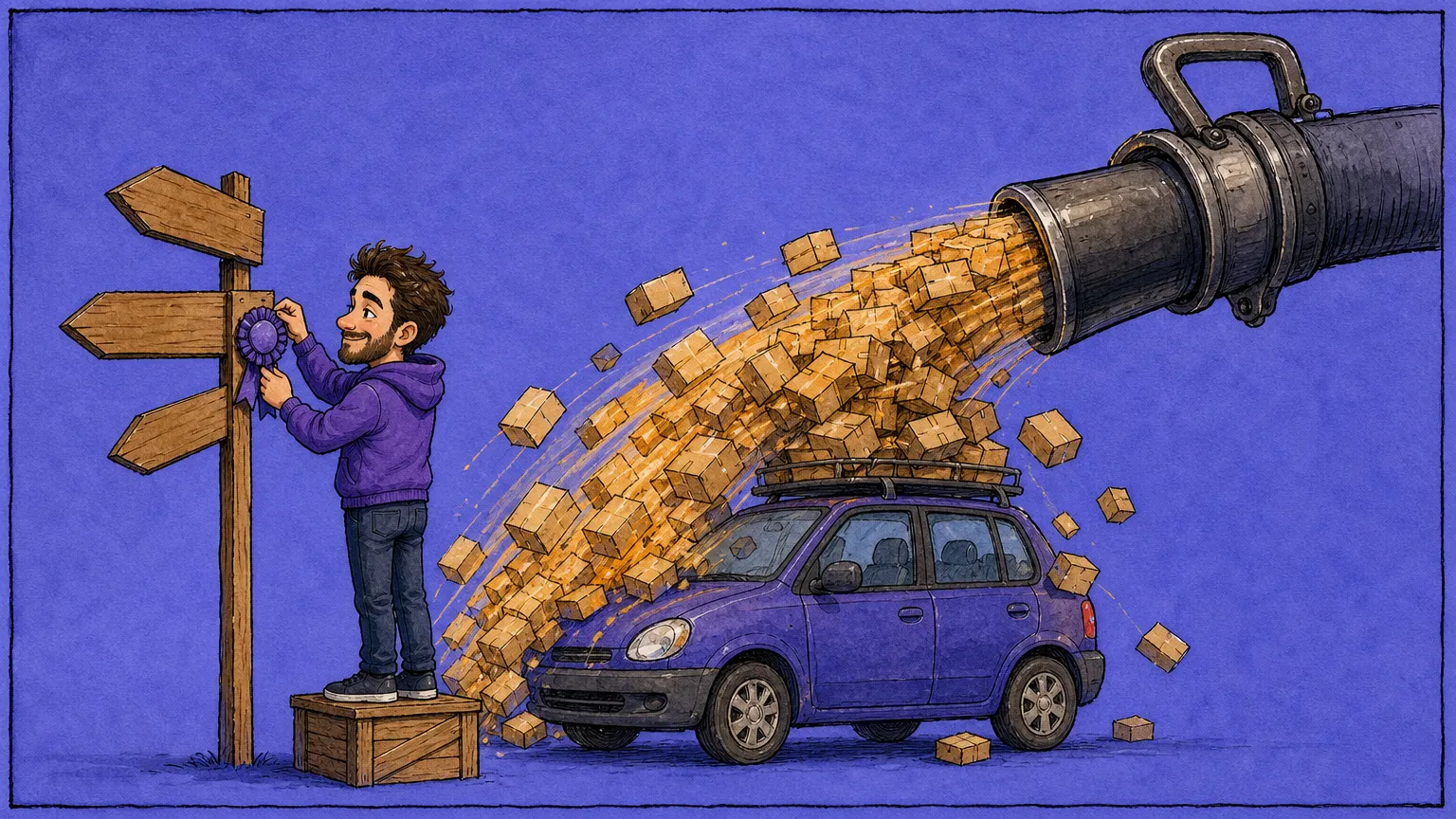A small bearded developer in a purple hoodie stands on a crate with his back to the action, proudly pinning a ribbon rosette to a modest three armed wooden signpost, while behind him an enormous firehose nozzle blasts a thick torrent of parcels over his head into a roof racked car whose rack is already heaped and sagging