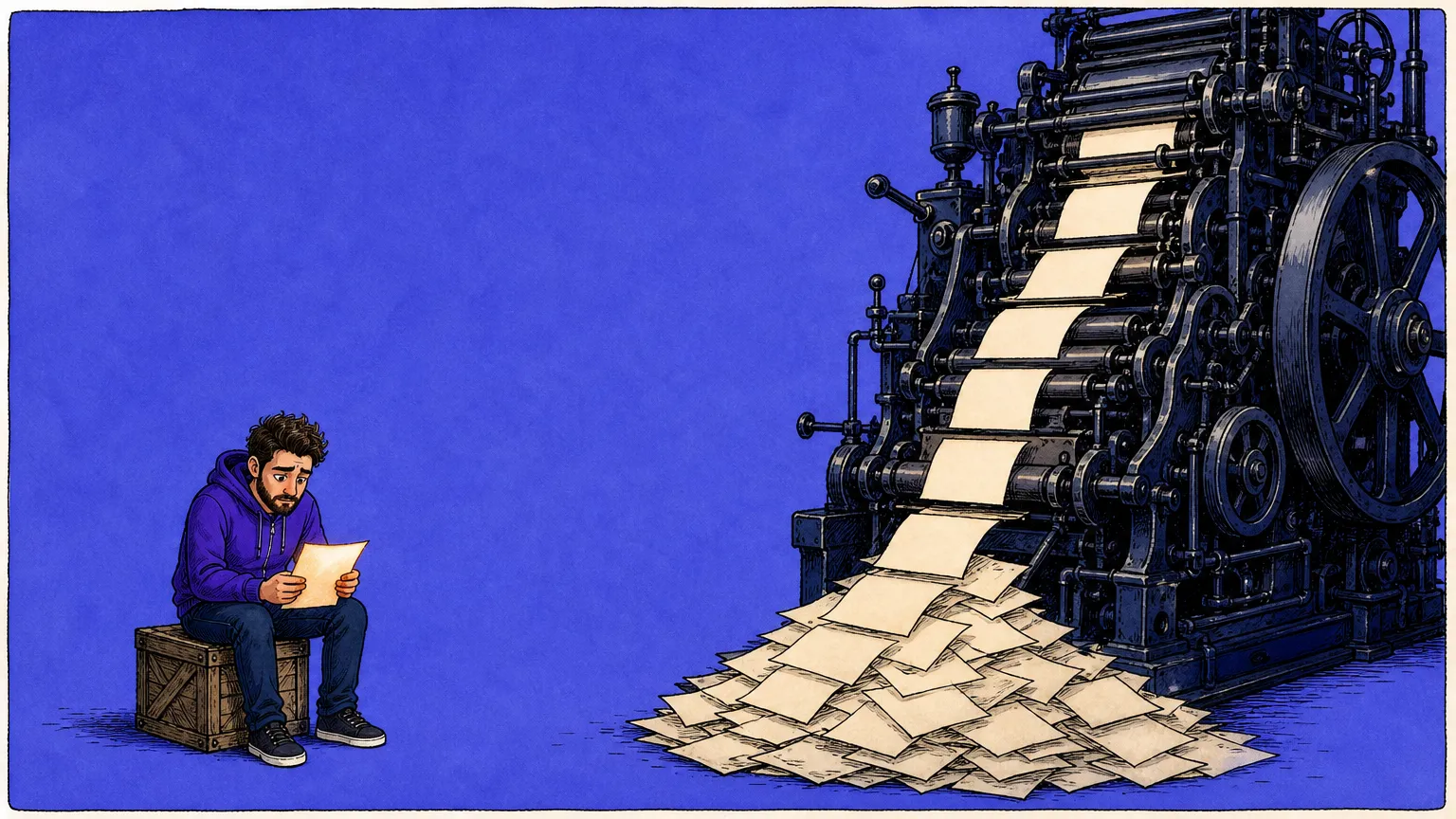 A bearded developer in a purple hoodie sits alone and slumped on an upturned crate in wide open indigo space, holding one warm glowing sheet of paper in both hands, while a towering cast iron printing press of gears, rollers and flywheels on the right churns out a stream of identical blank sheets that heaps into a drift at its own feet