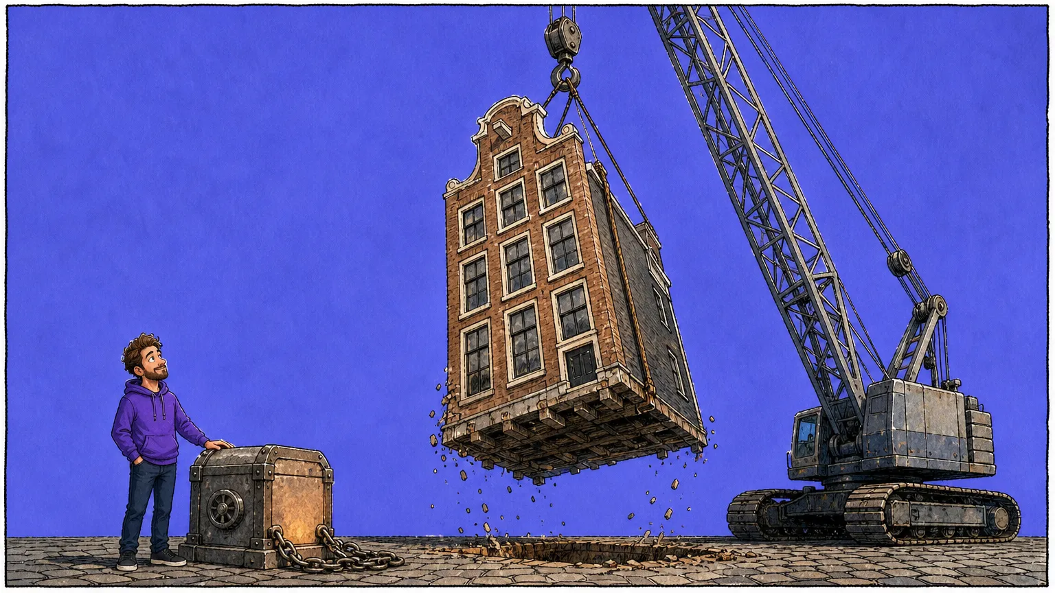 A small bearded developer in a purple hoodie rests one hand on a squat stone strongbox bolted to the cobblestones, the chain lying slack beside it, while a towering crane lifts an entire canal house off its foundation above him and bricks fall into the empty hole
