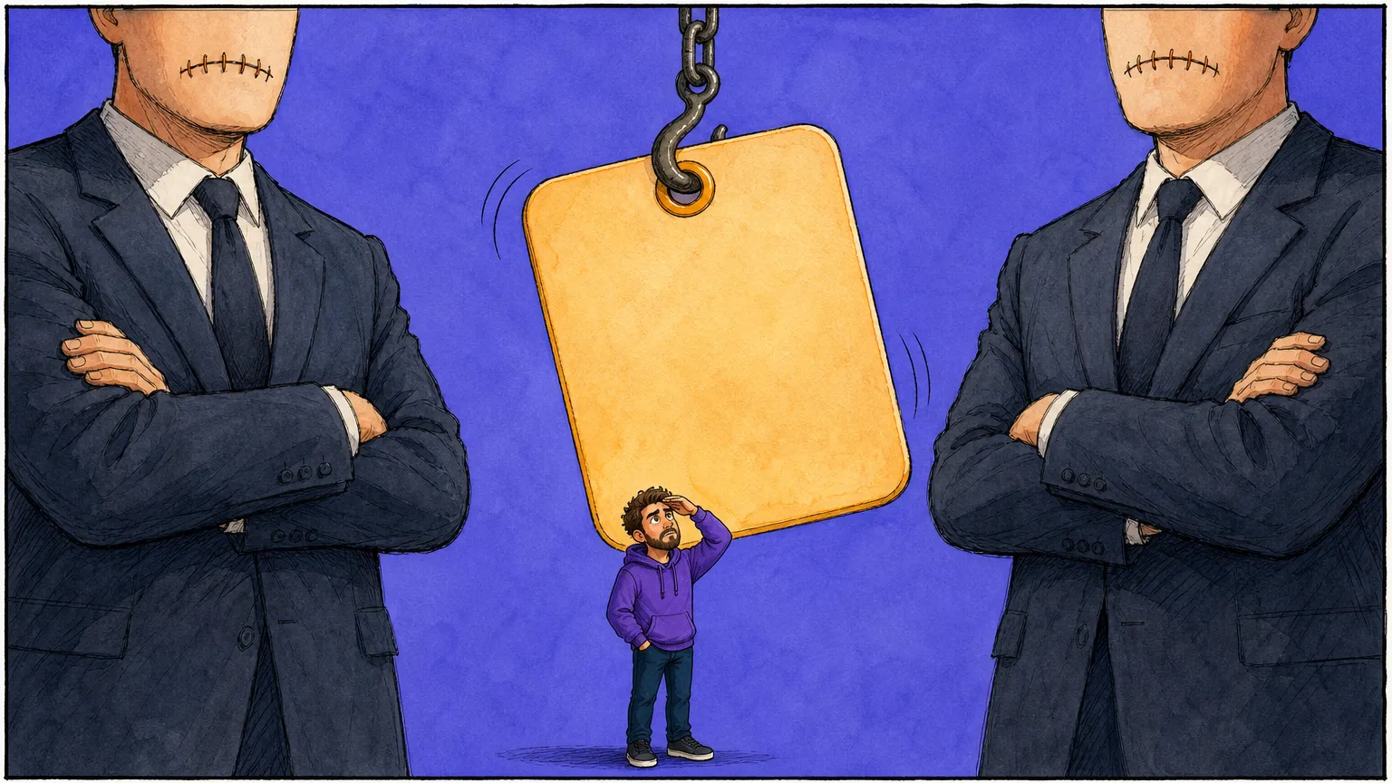 A small bearded developer in a purple hoodie shades his eyes and squints up at a huge blank amber price tag swinging from an iron hook, flanked by two colossal suited figures with folded arms and mouths stitched shut
