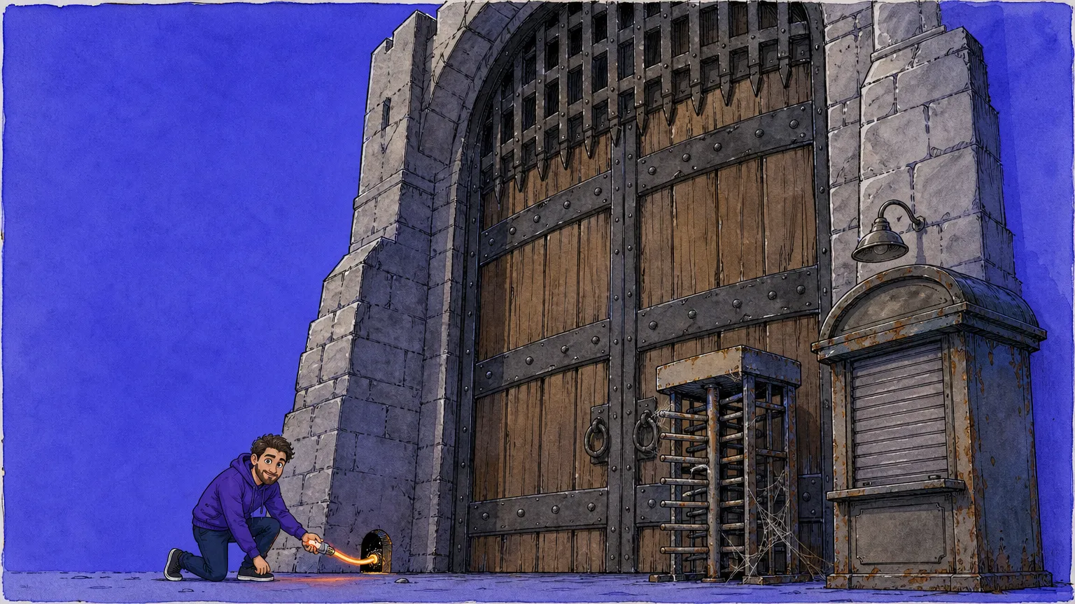 A small bearded developer in a purple hoodie kneels to feed one glowing cable into a mouse hole at the base of a colossal fortified gate, while a cobwebbed turnstile and a shuttered ticket booth stand unused beside it