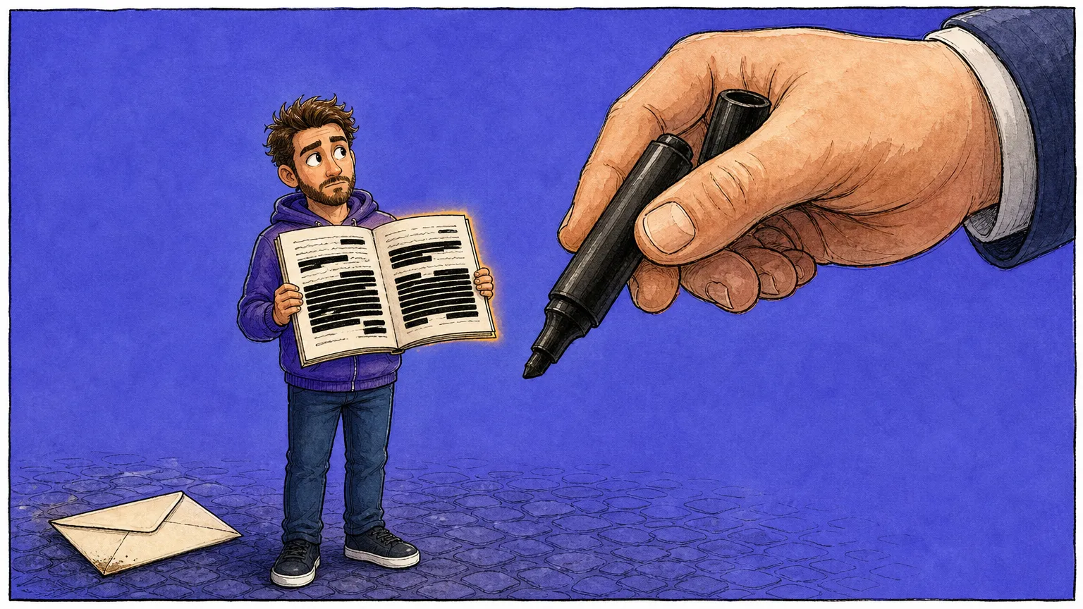 A small bearded developer in a purple hoodie holds open a report half covered in black redaction bars while a colossal hand reaches in offering an uncapped marker pen, a sealed envelope lying ignored on the ground
