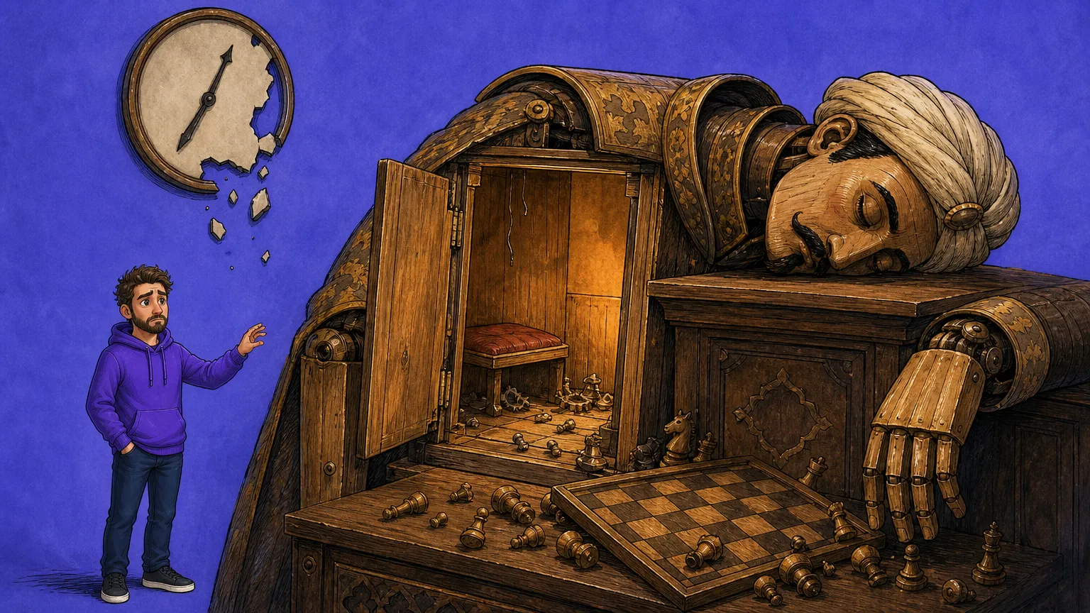 A small bearded developer in a purple hoodie reaches hesitantly toward a colossal turbaned wooden automaton slumped across a chess cabinet, the chest doors open on an empty lit seat, scattered chess pieces below and a crumbling blank clock above