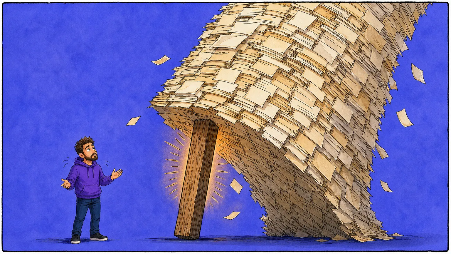 A small figure in a purple hoodie stands with arms half raised beneath a colossal leaning tower of stacked cream paper cards, held up by one glowing timber beam wedged upright under the overhang