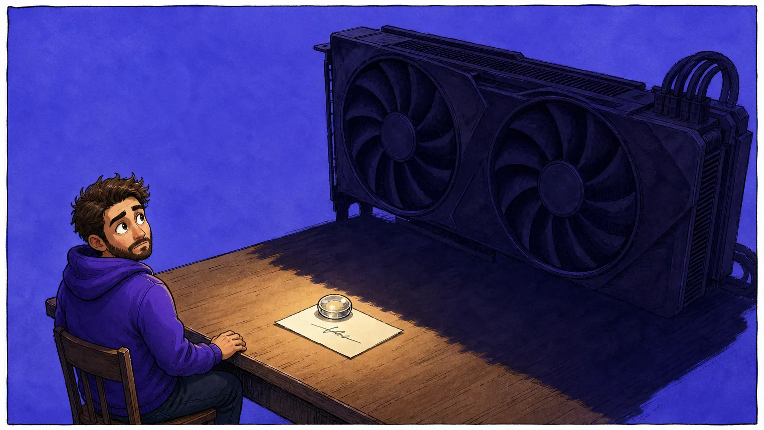 A figure in a purple hoodie sits at a wooden desk looking back over one shoulder at a giant dark graphics card whose shadow sweeps across the desk toward a signed sheet pinned under a glass paperweight