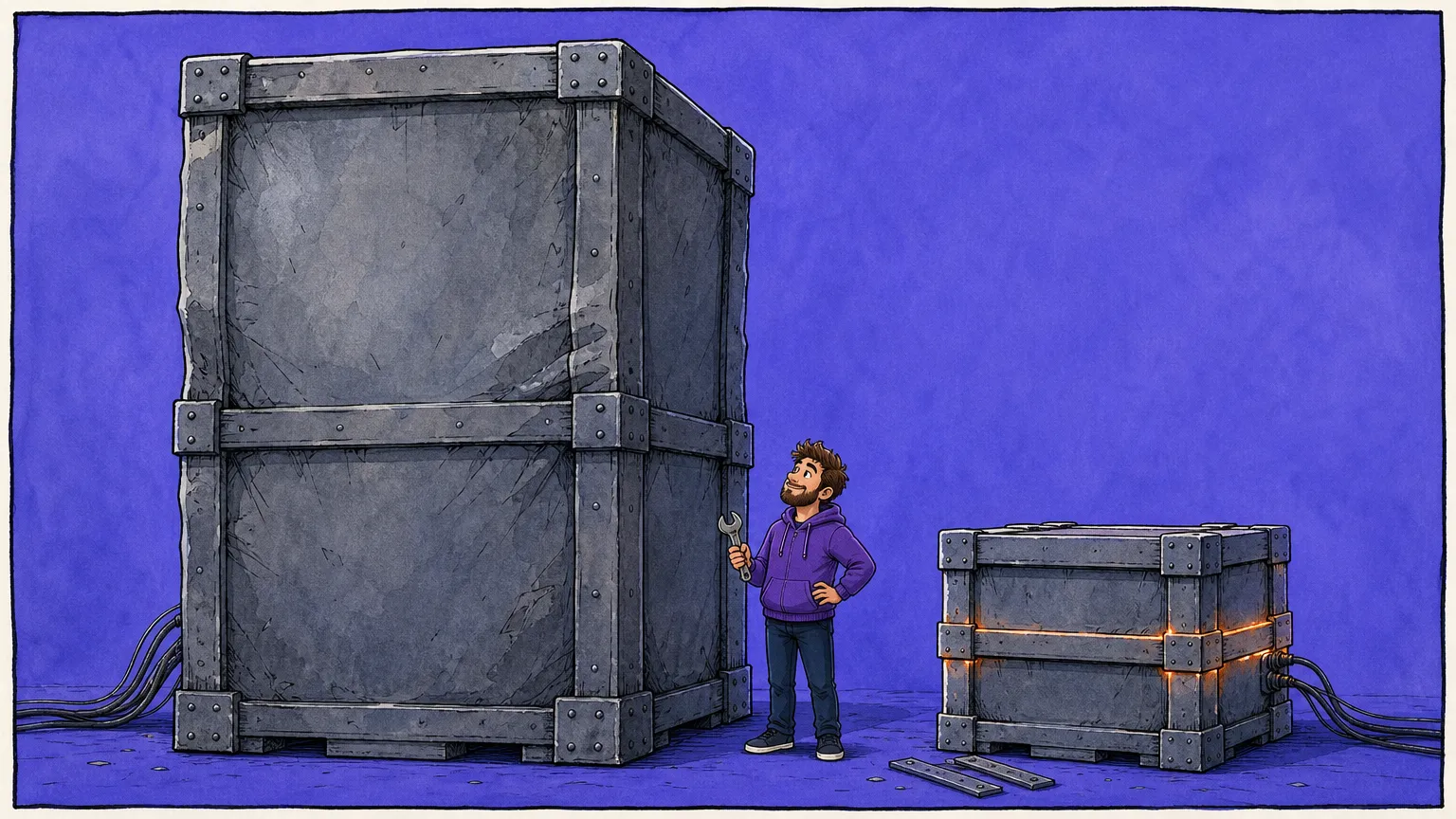 Two riveted steel crates on an indigo floor, the right one under half the height of the left with warm glowing seams, while a small figure in a purple hoodie stands between them holding a wrench and looking up at the taller crate