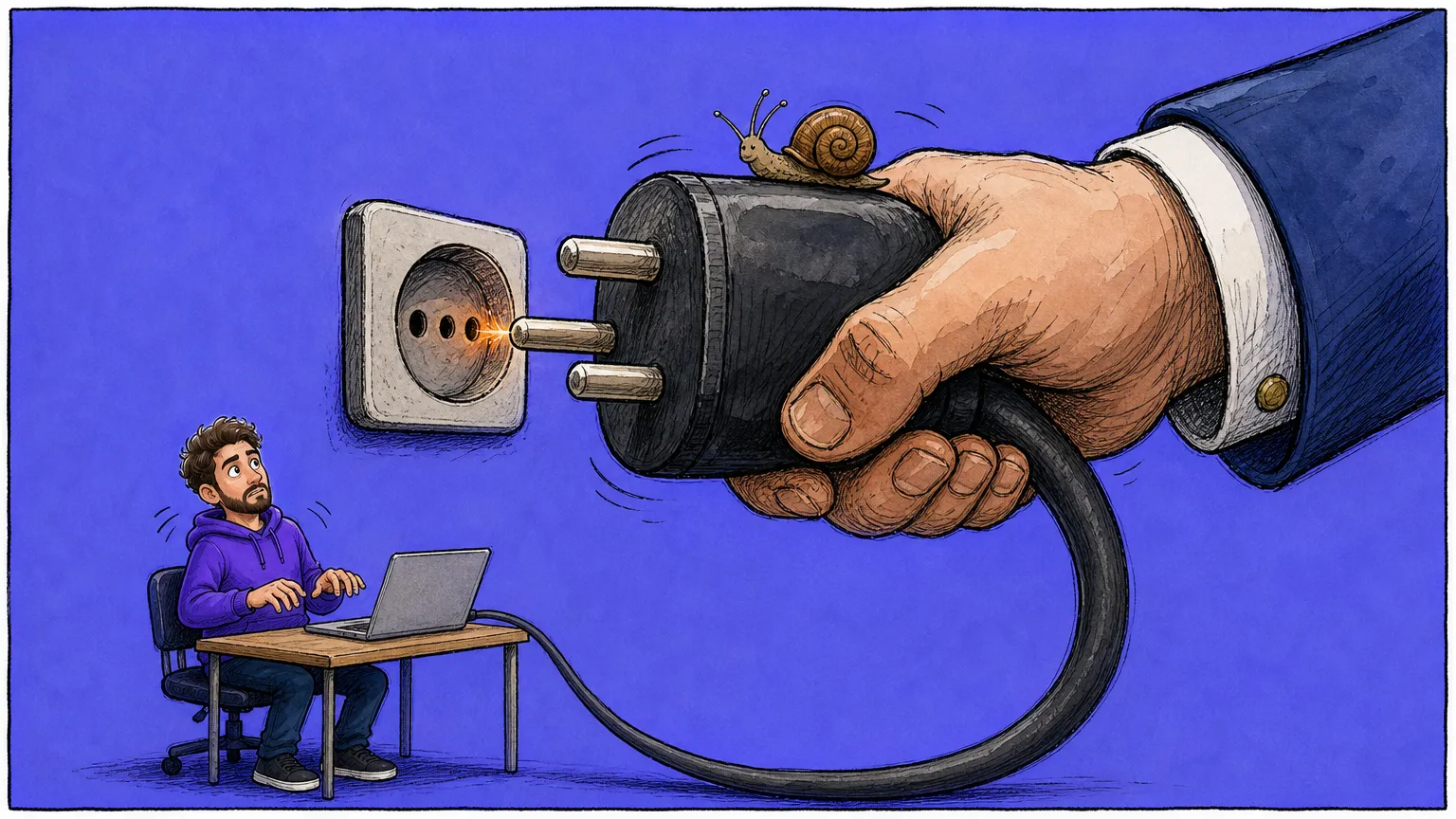 Editorial cartoon: a giant suited hand slowly pulls an oversized power plug from a wall socket, one pin still sparking, while a small developer at a desk looks up from his laptop; a snail rides on the plug.