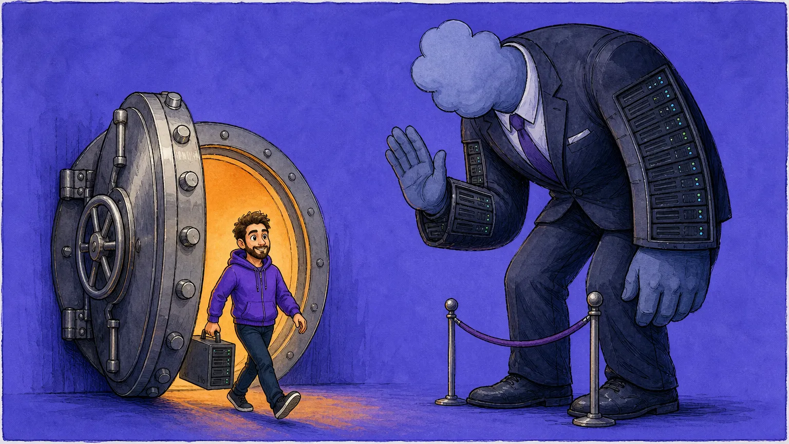 Editorial cartoon: a small developer walks out of a wide-open bank vault carrying a server box, while a towering cloud-headed corporate giant is stopped at the threshold by a knee-high velvet rope.