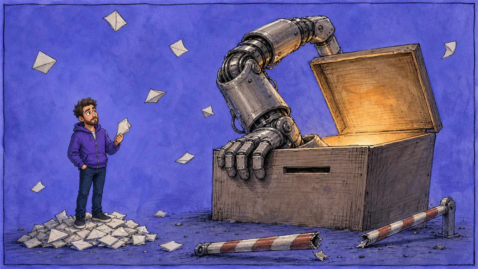 Editorial cartoon: a large robotic arm reaches into an open wooden ballot box while paper ballots scatter through the air and drift into a pile on the ground; a developer stands to one side holding a single slip, and two striped barrier poles lie snapped in half beside the box.