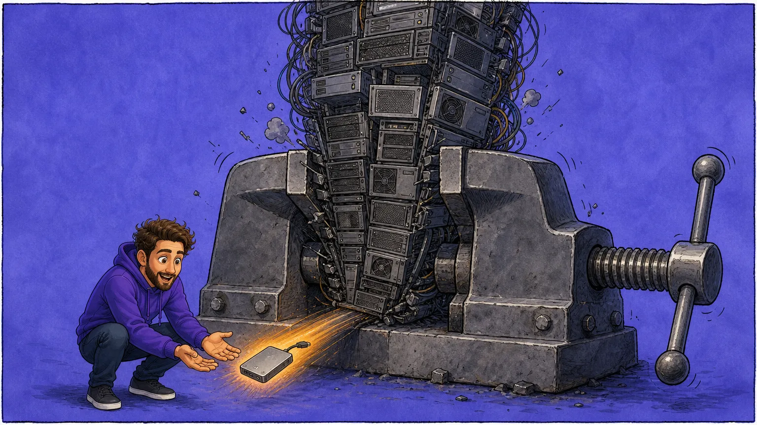 Editorial cartoon: a towering column of server racks is crushed in the jaws of a giant steel bench vise, and a small glowing black slab slides out from under the jaws on a beam of orange light toward a crouching developer with both hands outstretched.