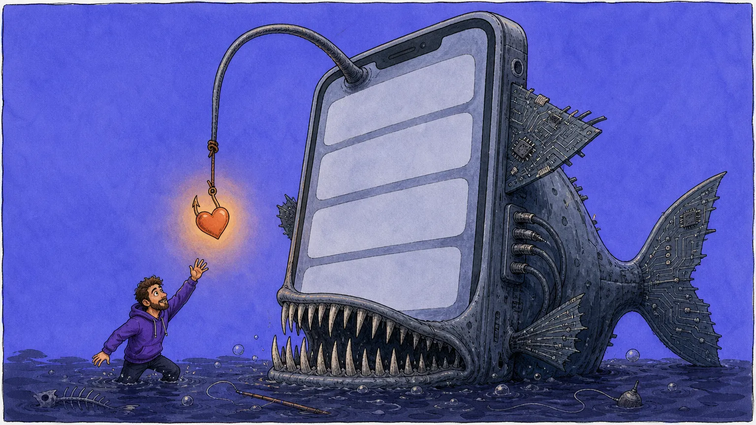 Editorial cartoon: a giant deep-sea anglerfish with the body of a smartphone lurks in dark water, its lure a glowing heart on a hooked line, while a developer wades in chest-deep and reaches up for the heart above a row of bared teeth.