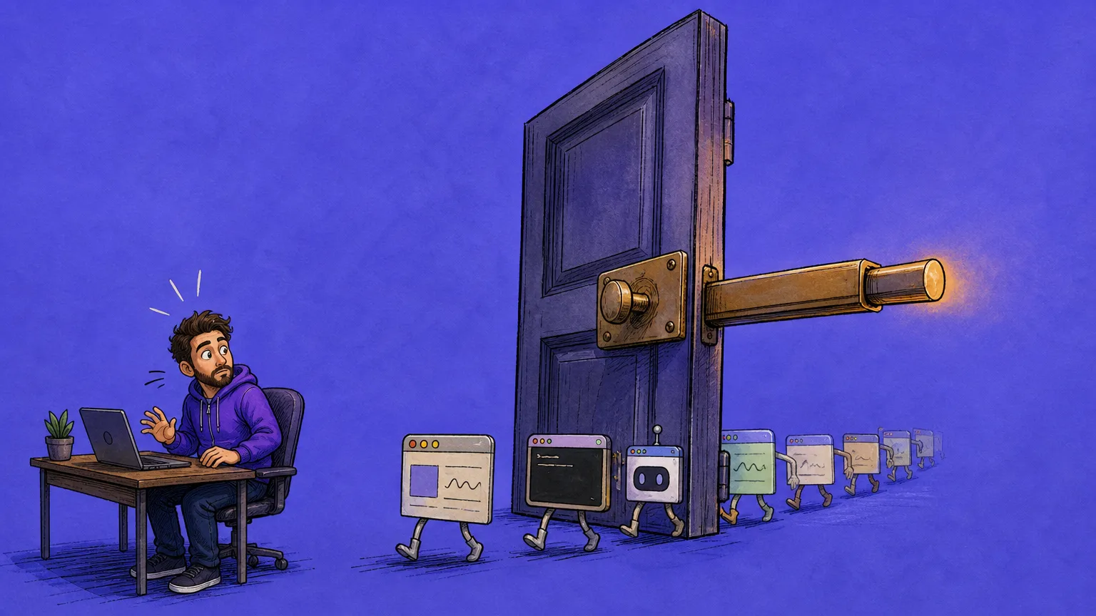 Editorial cartoon: a huge panelled door stands alone with no frame around it, its glowing brass deadbolt thrown out into empty air, while a single file of small application windows on legs walks straight past it toward a startled developer at a laptop.
