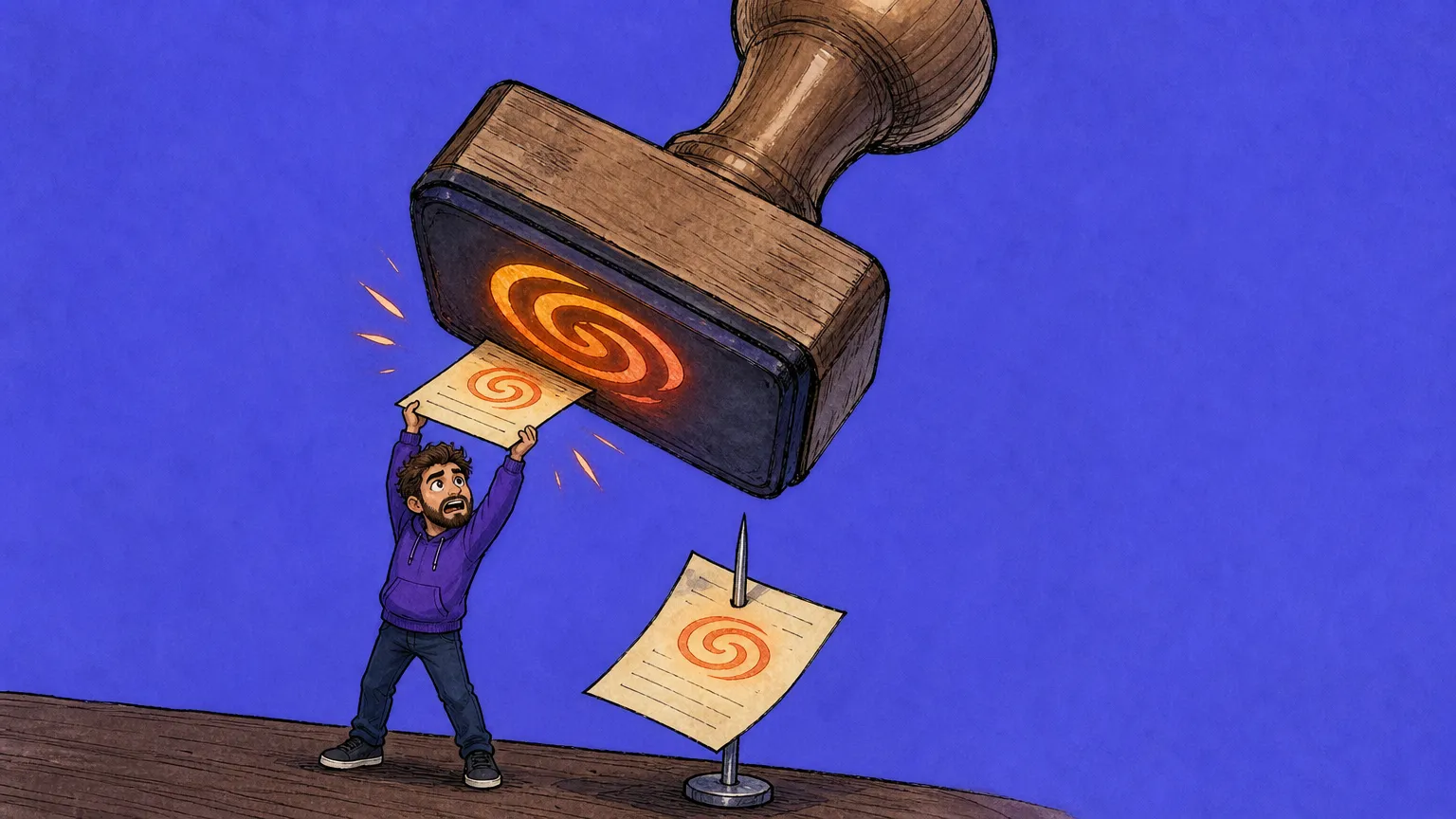 Editorial cartoon: a colossal rubber stamp swings down and presses a glowing orange spiral onto a small form held overhead by a startled developer, while the slip already spiked on the spindle beside him carries the identical spiral.