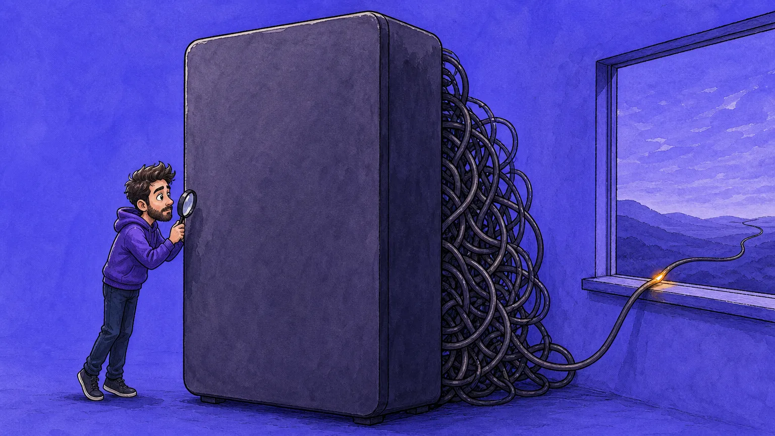 Editorial cartoon: a developer holds a magnifying glass to the blank face of a towering sealed cabinet while a dense knot of black cables spills out behind it, one cable escaping over a glowing window sill and running away across distant hills.