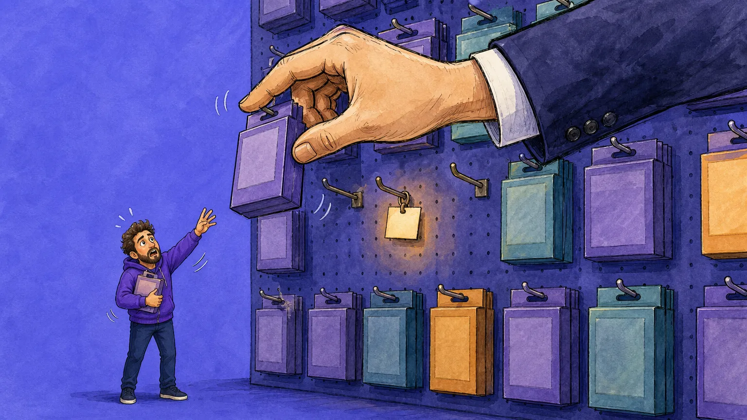 Editorial illustration of a retail pegboard wall of software boxes with one hook stripped bare, its blank card still clipped in place