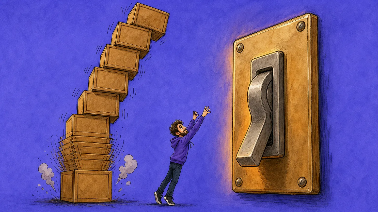 Editorial illustration of a leaning stack of identical cardboard boxes collapsing into one, with a large toggle switch beside it resting in the off position