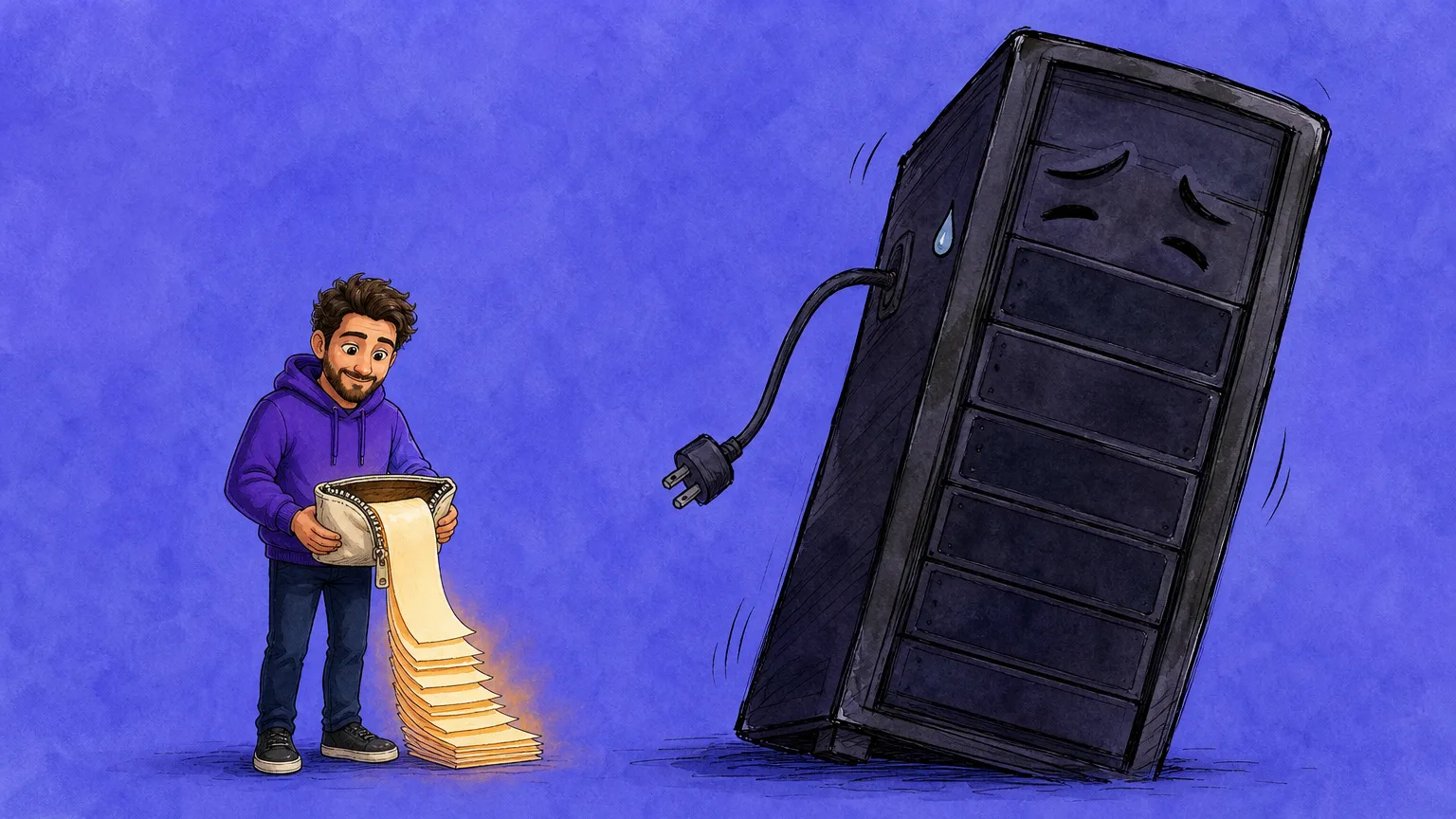 Editorial illustration of a canvas pouch with a half-open zipper spilling stacked blank pages, a server rack pushed aside behind it with its cable unplugged