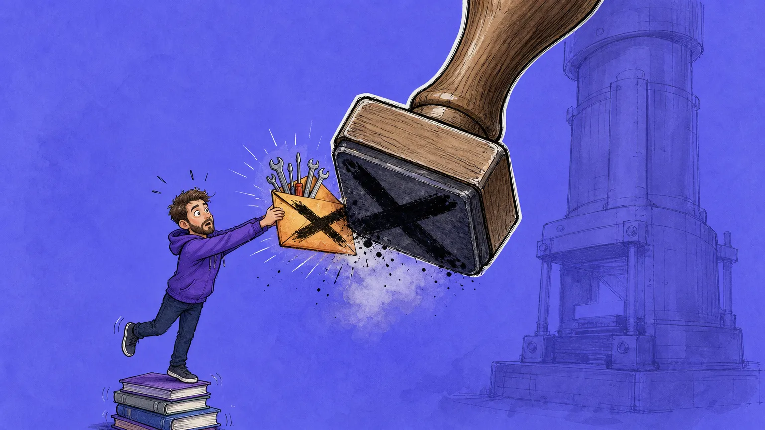 Cartoon builder balancing on a stack of books holds out an envelope stuffed with wrenches and screwdrivers as a giant wooden stamp slams an X across it