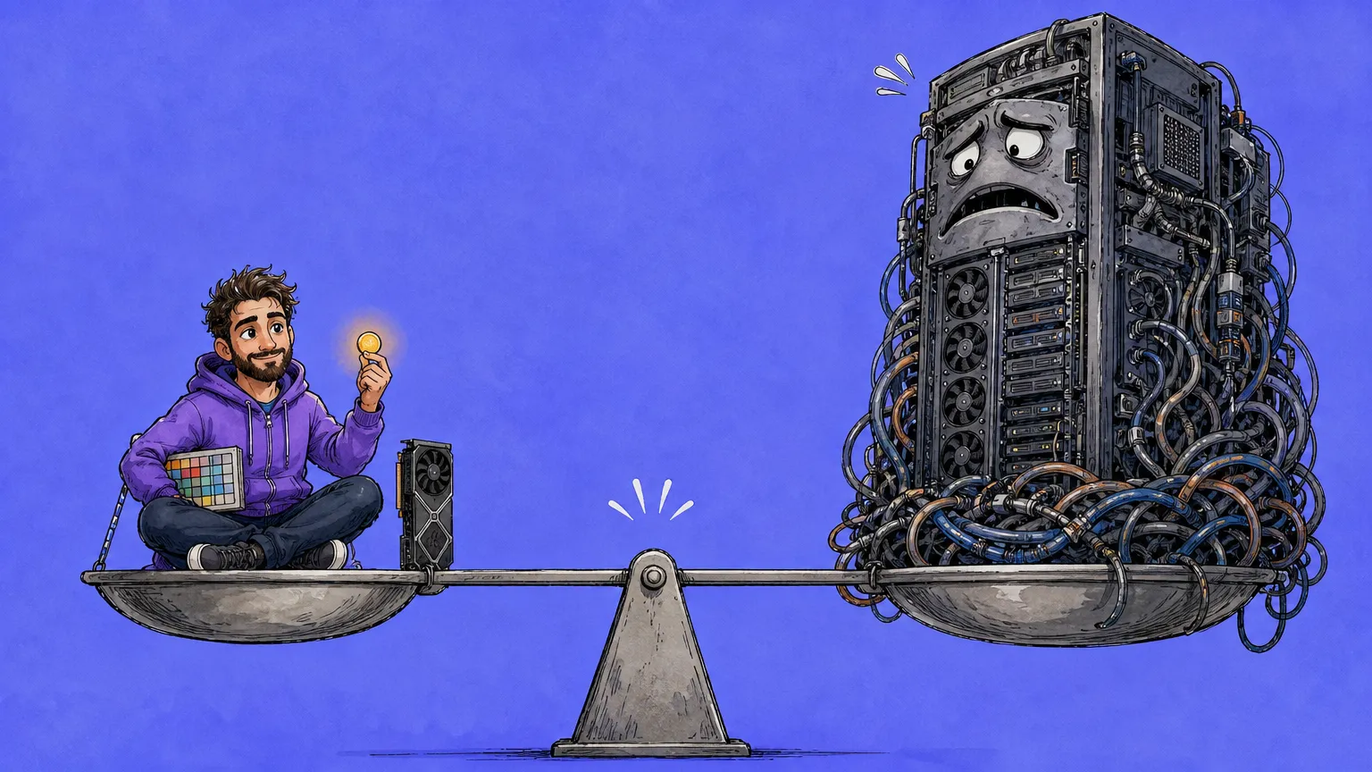 Cartoon builder sits cross-legged on one pan of a balance scale with a glowing coin, a graphics card and a small colored grid puzzle, holding level against a huge worried server rack on the other pan