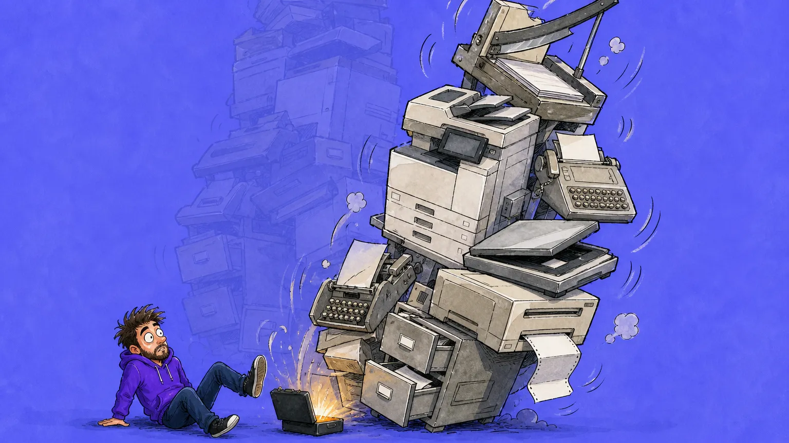 Cartoon builder knocked to the floor as a toppling tower of copiers, typewriters, scanners and filing cabinets erupts from a small open briefcase