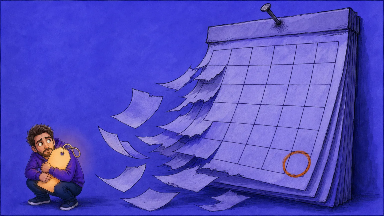 A cartoon builder clutches a price tag while a huge wall calendar behind him sheds pages toward one circled date