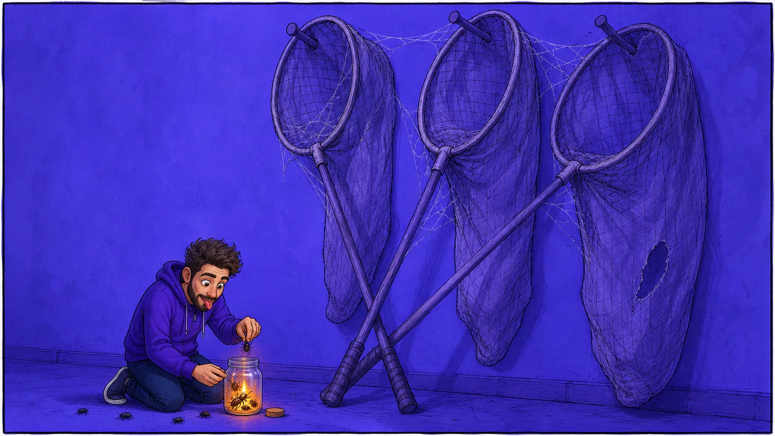 A cartoon builder drops bug specimens into a small jar while three empty nets hang unused on the wall behind him