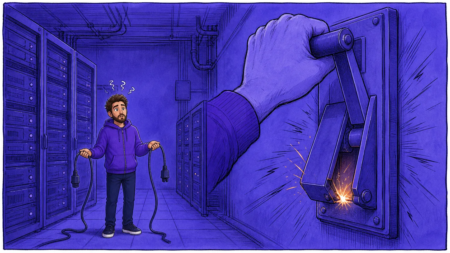 A cartoon builder stands in a darkened server hall holding two dead cables while one giant hand pulls the breaker on the whole room