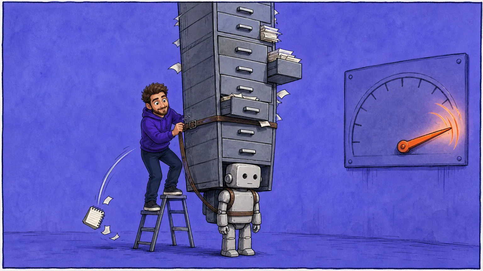 A cartoon builder on a stepladder straps a towering filing cabinet onto a small robot while the tiny notepad it replaced tumbles away and a nearby dial swings to the top of its scale