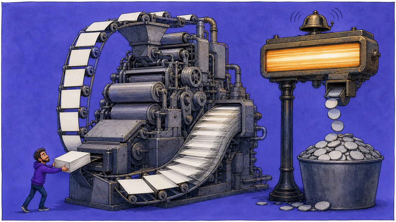 A cartoon builder feeds a stack of paper into a huge press whose output blurs past while a brass till beside it rings its bell and drops another coin into an overflowing bucket