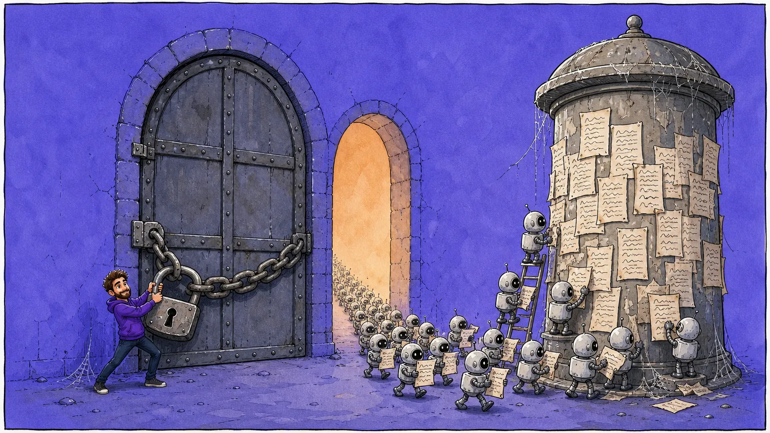 A man padlocking a huge bolted door while a line of small robots streams through the wide open archway beside it to paper an old notice column with scribbled sheets