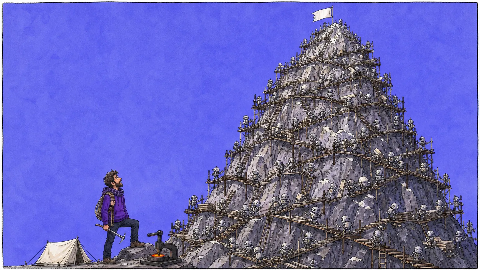 A lone climber with rope and ice axe at the foot of a mountain that a swarm of small robots has already scaffolded with ladders up to a blank flag on the summit