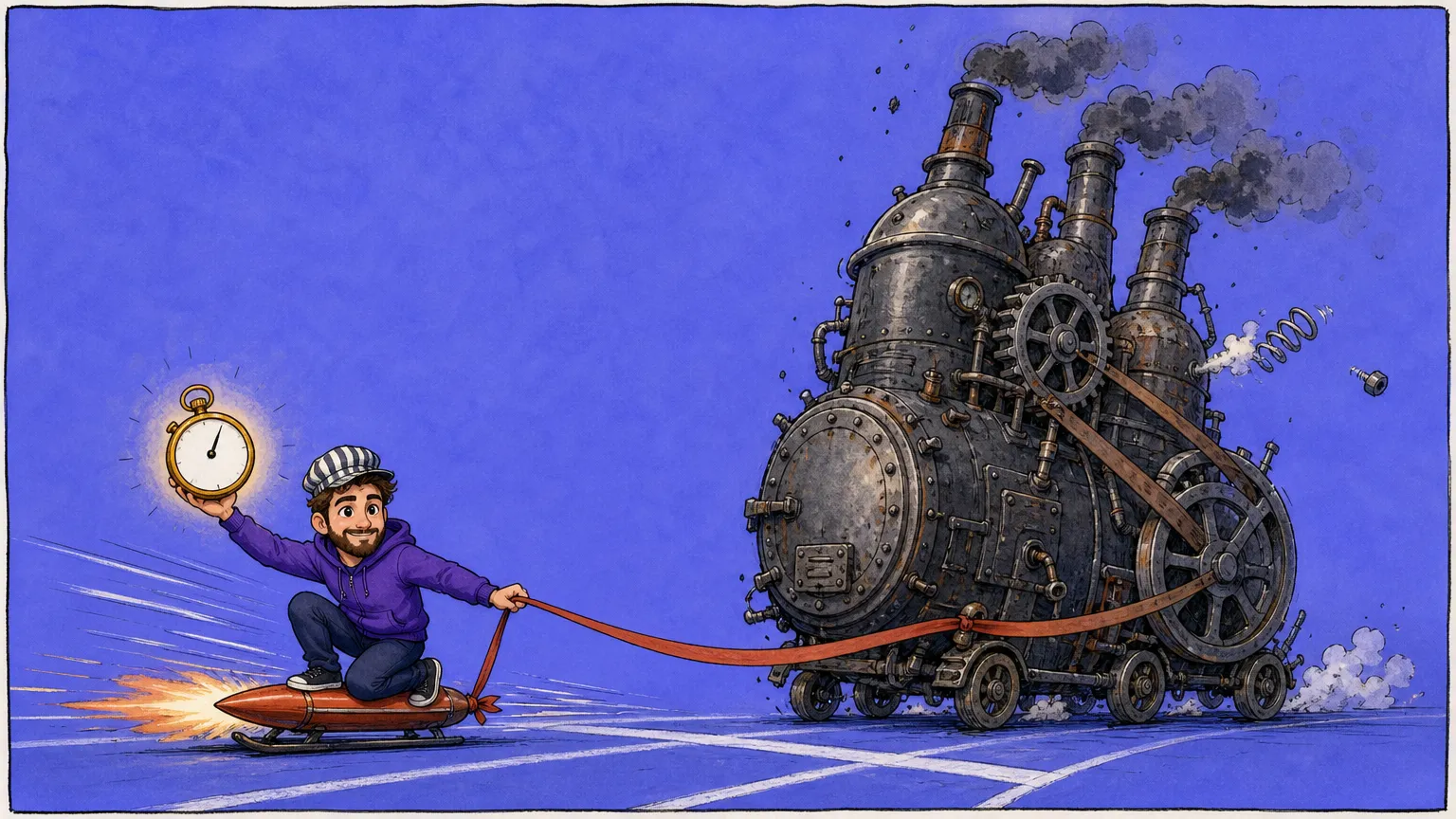 A man on a small rocket sled holding up a stopwatch and his own finish ribbon while a towering steam machine crawls along behind him