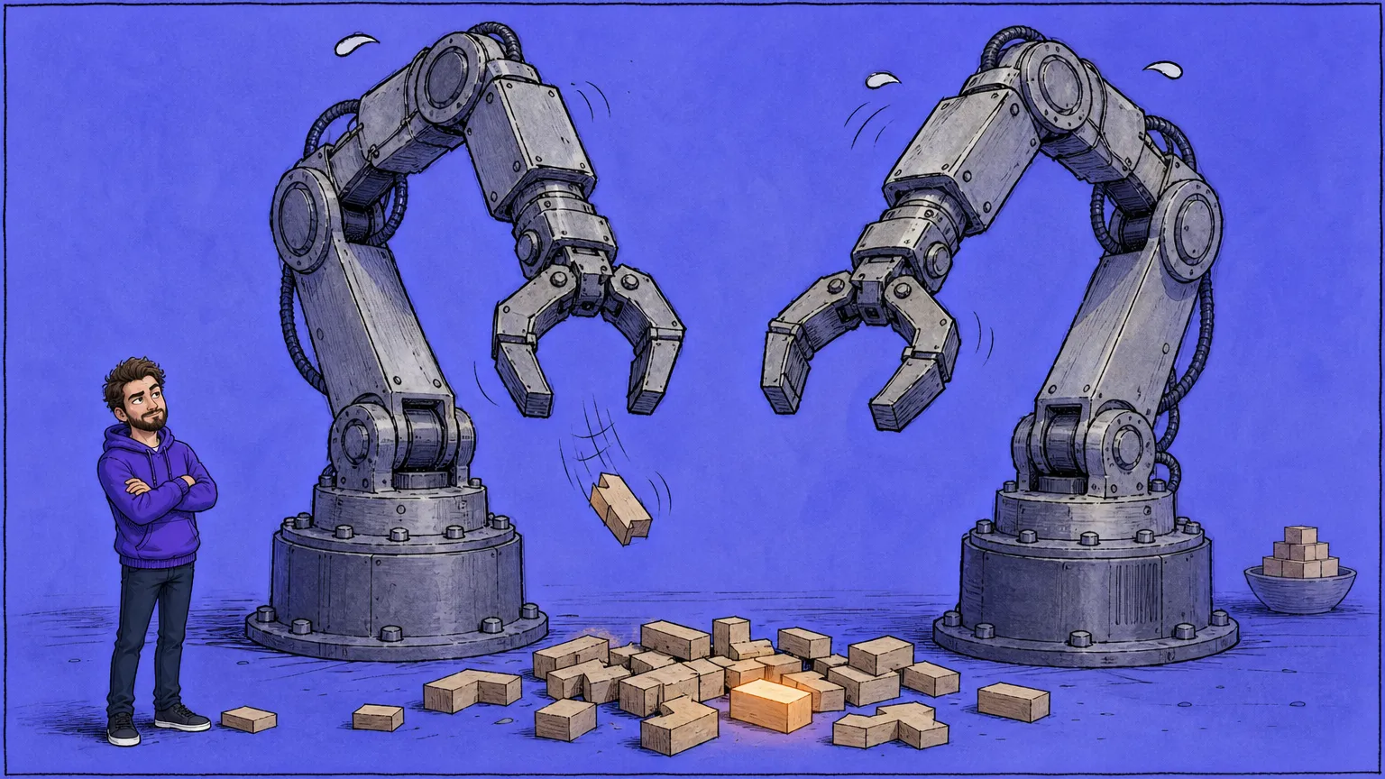 A man in a purple hoodie stands with folded arms beside two towering robot arms whose grippers close on nothing above a scattered heap of plain wooden puzzle blocks, one glowing orange, with a small bowl of neatly stacked blocks finished in the far corner