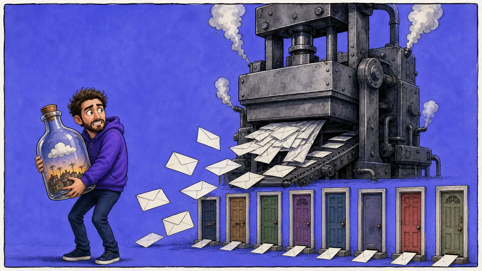 A man in a purple hoodie clutches a corked glass bottle holding a tiny cloud above lit rooftops and glances back in alarm at a huge unattended stamping machine flinging blank envelopes onto a row of strangers front doors