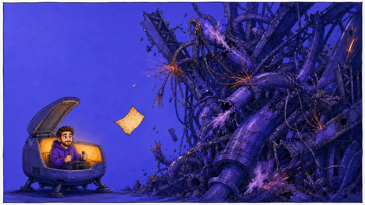 A man in a purple hoodie sits smiling in a small open training pod lit by a warm orange panel, unaware of the towering tangle of burst pipes, buckled girders and orange sparks filling the rest of the frame, a blank yellowed sheet drifting between them