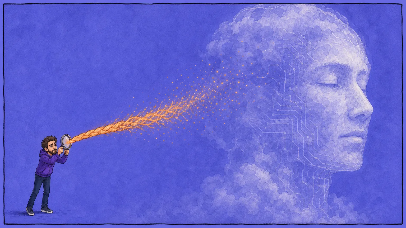 A tiny bearded man in a purple hoodie holds up a magnifying glass, and the braided orange thread leaving its lens frays into scattered sparks before reaching a vast serene face made of cloud and circuitry