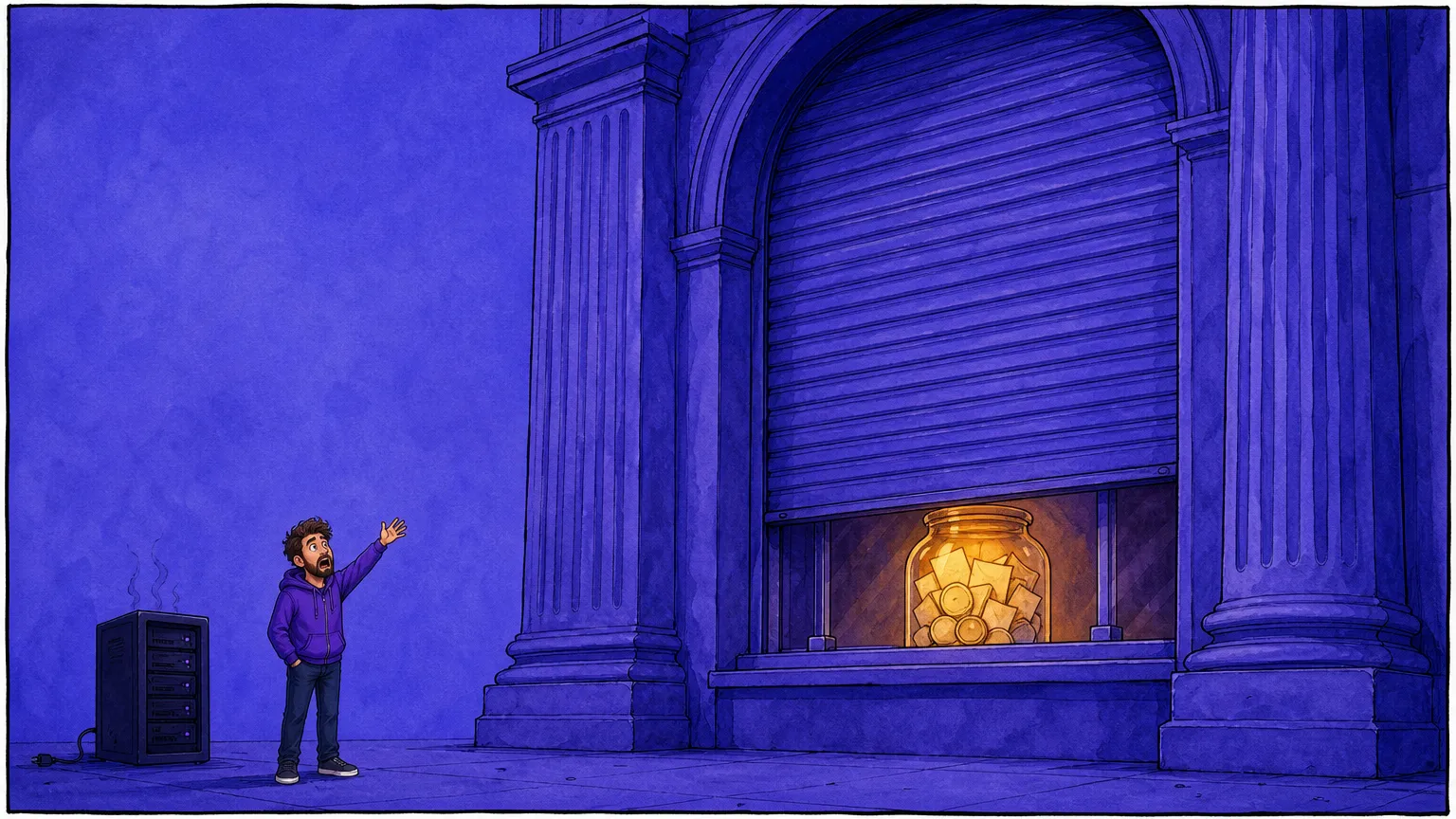 A tiny bearded man in a purple hoodie reaches up at a towering indigo bank facade where a rolling shutter has come down over a warmly glowing jar of blank folded notes, an unplugged server rack going dark beside him