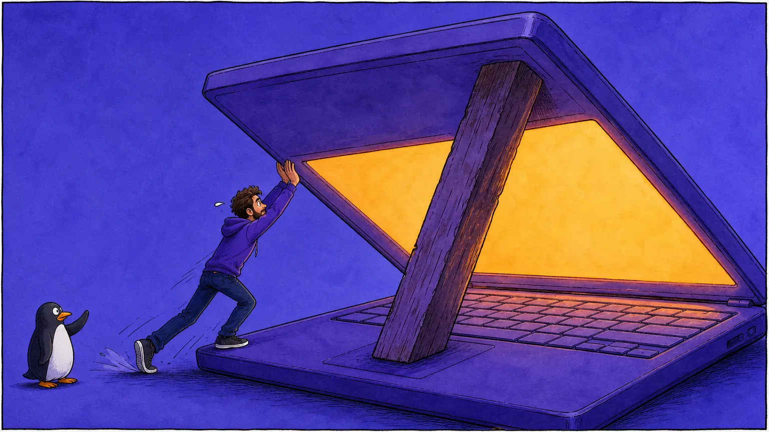 A tiny bearded man in a purple hoodie shoves at the lid of a giant laptop propped permanently open by a timber beam, its blank screen blazing orange while a penguin watches