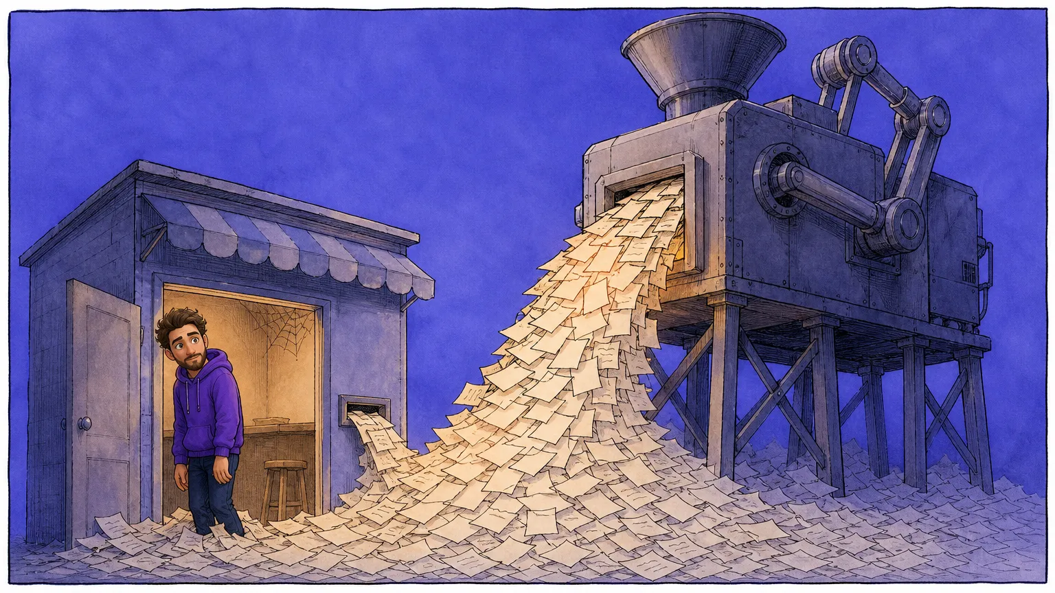 A man in a purple hoodie stands in the doorway of an empty cobwebbed shop while a towering machine pours a mountain of scribbled paper slips across the ground and out through the mail slot, with no customer anywhere