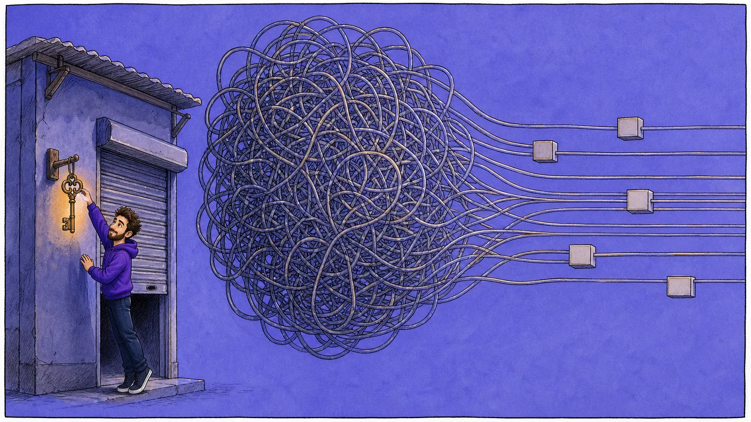 A man in a purple hoodie hangs a large brass key on a hook beside a shop with its shutter half down, while a giant tangle of wires beside him unwinds into neat parallel lines running through blank boxes