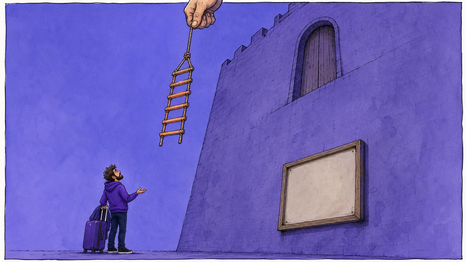 A man in a purple hoodie stands with a rolling suitcase at the foot of a high wall, looking up as a giant hand lifts the rope ladder away from the only door, beside an empty notice board